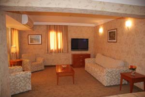 Deluxe double and 2 children with king bed, an extra bed, private facilities (shower), and half board